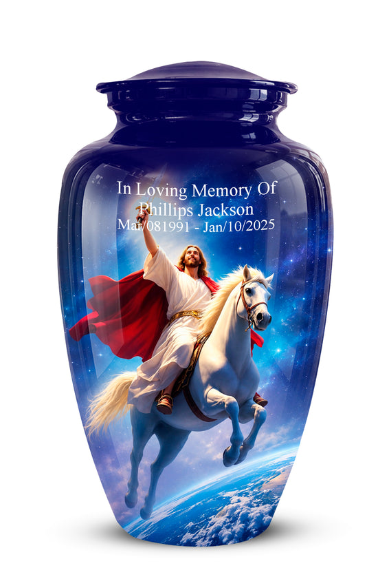 A personalized dark blue glass cremation urn featuring a printed graphic of Jesus riding a white horse against a starry sky and Earth background, with custom white text on the front.