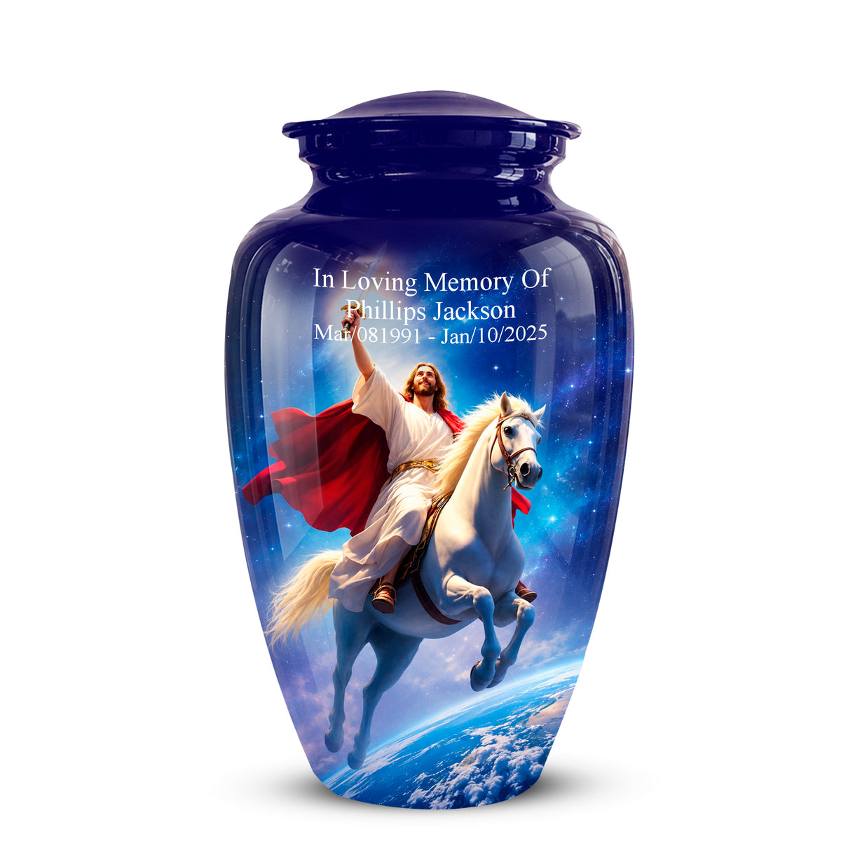A personalized dark blue glass cremation urn featuring a printed graphic of Jesus riding a white horse against a starry sky and Earth background, with custom white text on the front.