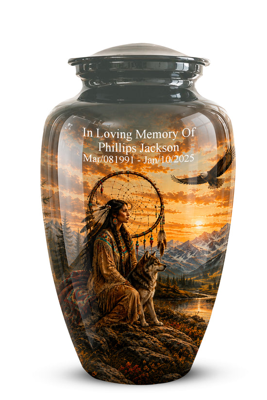 A glossy ceramic memorial urn with a lid, featuring a detailed landscape print of a Native American figure, a wolf, mountains, and a sunset. The front is personalized with the text 'In Loving Memory Of Phillips Jackson Mar.
