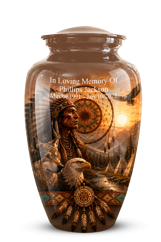 A brown ceramic cremation urn with a lid, featuring a detailed printed graphic of a Native American, an eagle, a dreamcatcher, and a sunset landscape. Custom white text on the front reads 'In Loving Memory Of Phillips Jackson' with dates below.