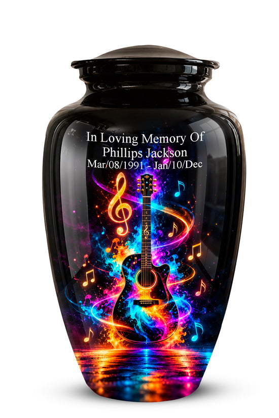 Black Artistic Cremation Urn with Colorful Musical Notes & Cosmic Design