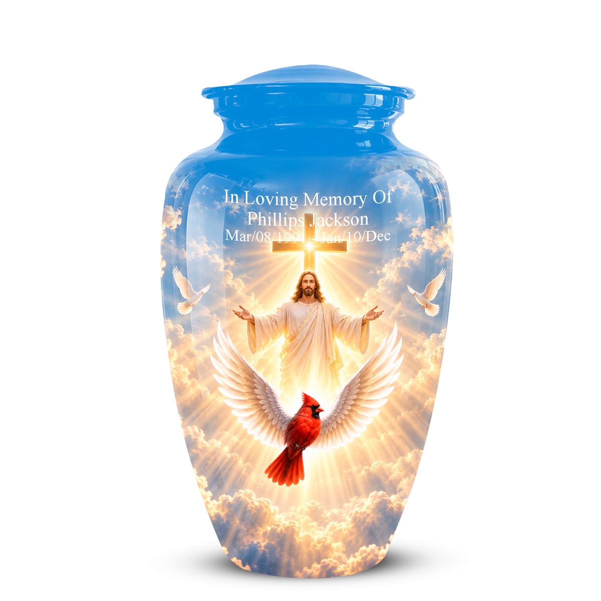 A glossy blue ceramic cremation urn with a printed religious design featuring Jesus Christ, doves, clouds, and a red cardinal, with personalized white text on the front.