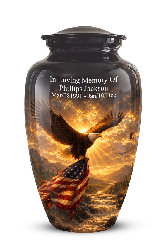 A glossy black cremation urn with a lid, featuring a printed design of a bald eagle flying over a sunset landscape with an American flag draped below. Custom white text on the front reads 'In Loving Memory Of Phillips Jackson' with dates below.
