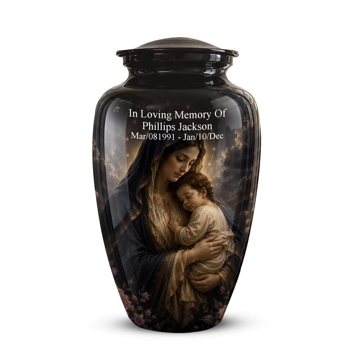 A glossy black cremation urn with a lid, featuring a printed memorial design of a mother holding a child against a cloudy sky. White personalized text is printed on the front: 'In Loving Memory Of Phillips Jackson Mar/08/1991 - Jan/10/Dec'.
