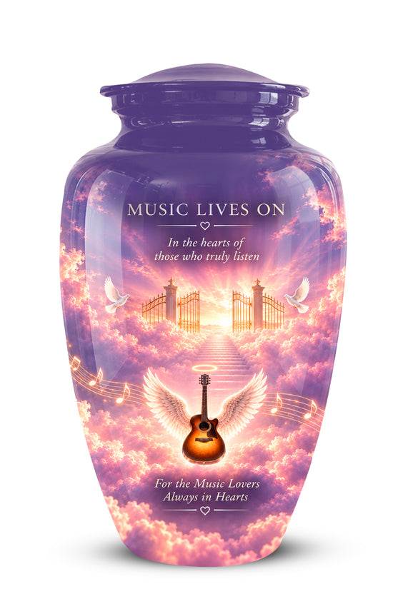 A purple ceramic cremation urn with a printed wraparound design of a sunset sky, angel wings, an acoustic guitar, and the text 'MUSIC LIVES ON'.