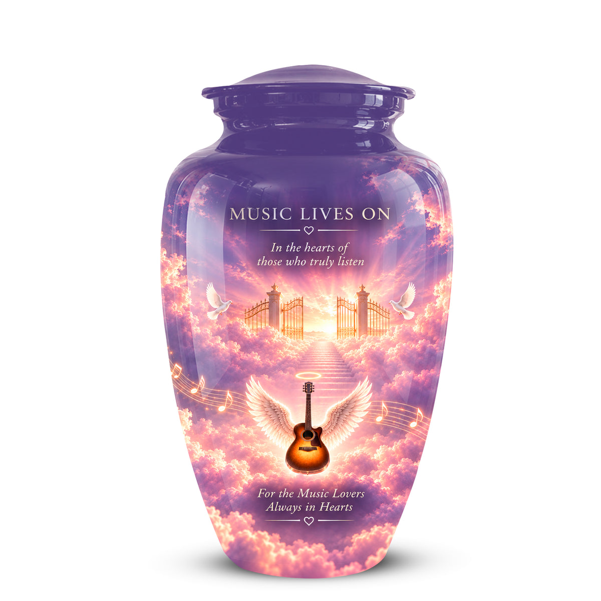 A purple ceramic cremation urn with a printed wraparound design of a sunset sky, angel wings, an acoustic guitar, and the text 'MUSIC LIVES ON'.