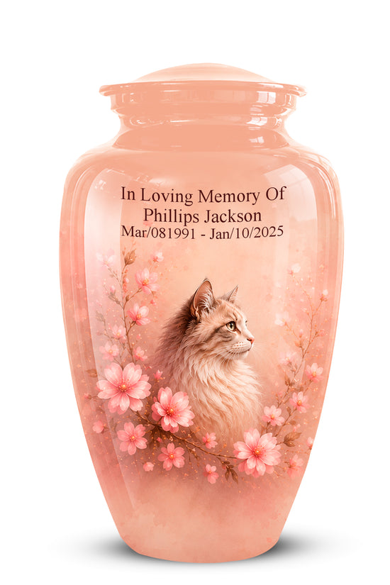 A peach-colored ceramic cremation urn with a lid, featuring a printed illustration of a fluffy cat surrounded by pink cherry blossoms and memorial text on the front.