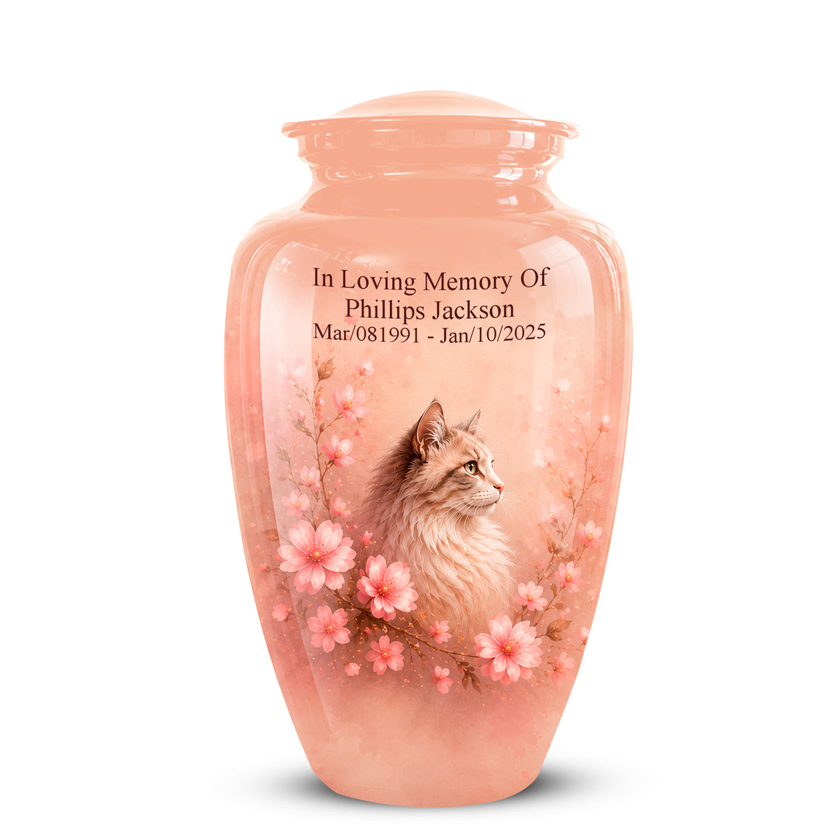 A peach-colored ceramic cremation urn with a lid, featuring a printed illustration of a fluffy cat surrounded by pink cherry blossoms and memorial text on the front.
