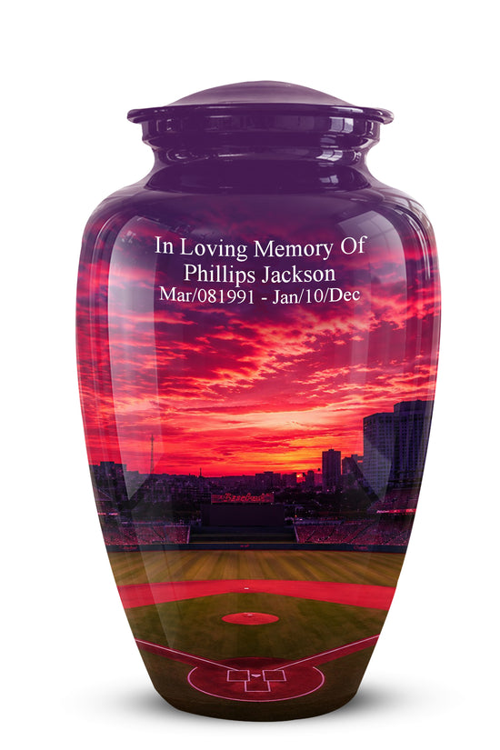 A glossy ceramic cremation urn with a custom printed baseball field sunset design and white memorial text on the front, shown on a plain white background.