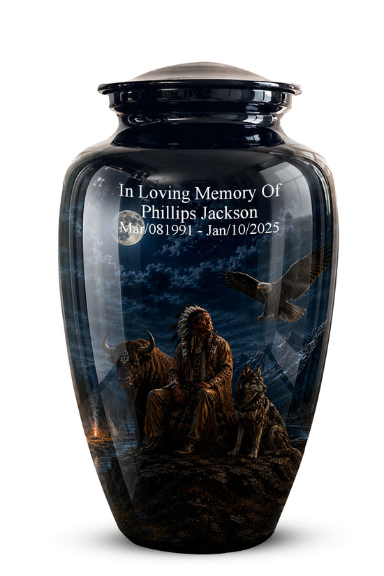 A glossy black ceramic cremation urn with a lid, featuring a printed graphic of a Native American figure sitting with a buffalo and dog under a full moon, with custom engraved white text on the front.