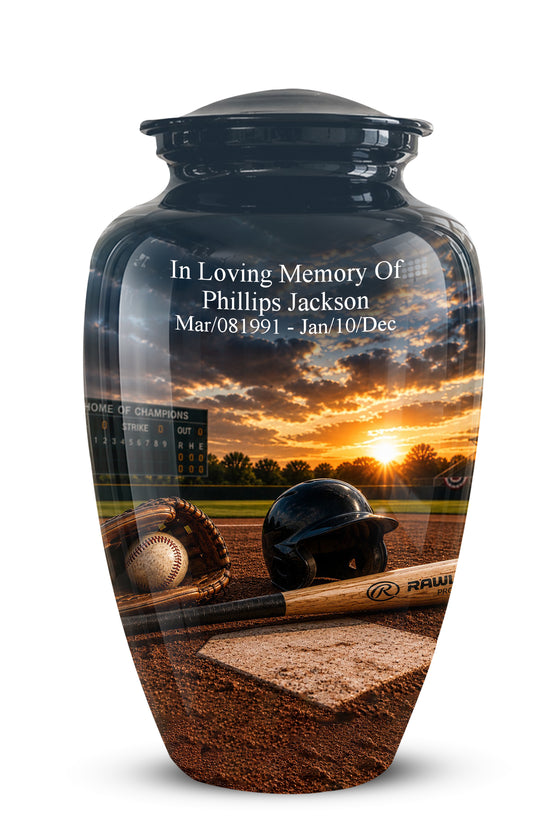 A glossy black cremation memorial urn featuring a custom printed baseball field sunset scene with a helmet, bat, glove, and home plate. White personalized text is printed on the upper front, and the urn is shown on a clean white background.