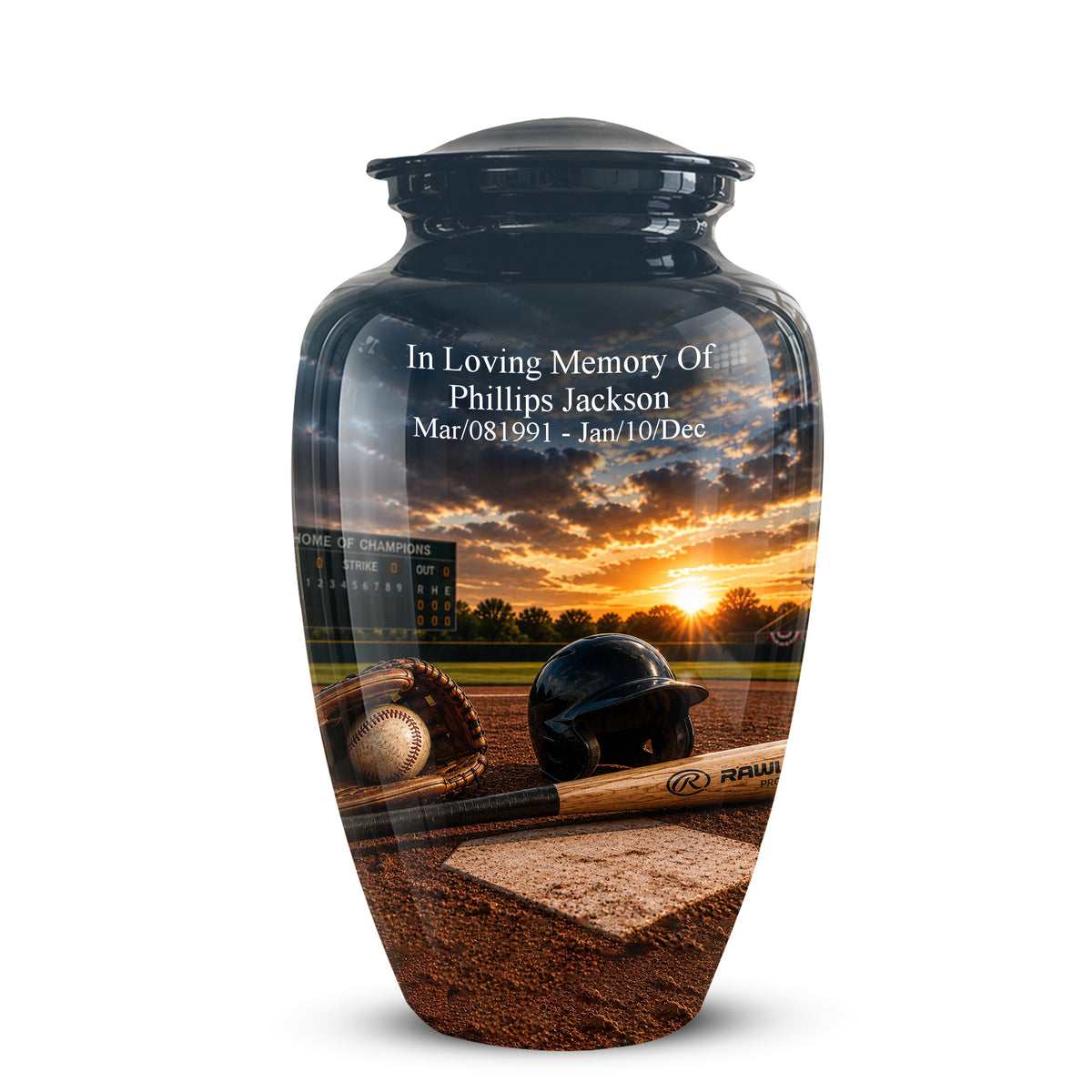 A glossy black cremation memorial urn featuring a custom printed baseball field sunset scene with a helmet, bat, glove, and home plate. White personalized text is printed on the upper front, and the urn is shown on a clean white background.