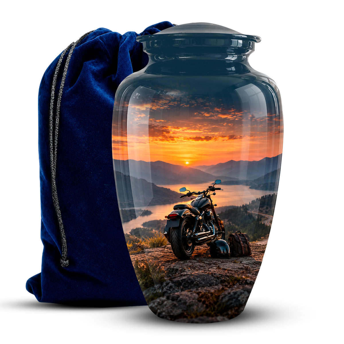 A glossy glass urn with a scenic sunset landscape print showing mountains, a lake, and a motorcycle, displayed next to a dark blue velvet drawstring bag on a white background.