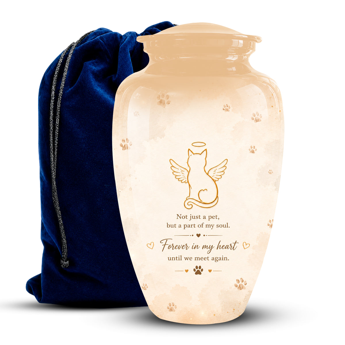 A glossy cream-colored ceramic pet memorial urn with gold engraved text and paw print details, shown next to a dark blue velvet drawstring bag on a white background.