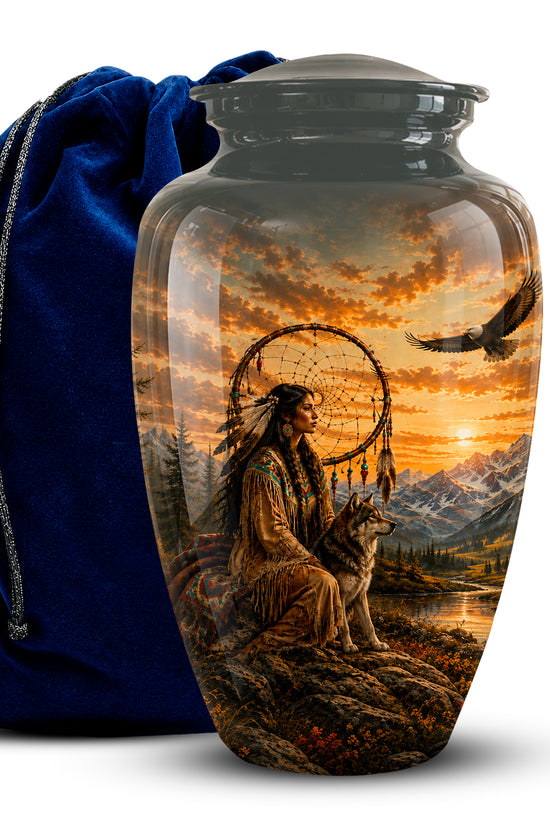 A glossy glass urn with a lid, featuring a detailed scenic print of a Native American figure with a dreamcatcher, a wolf, mountains, and a sunset. A dark blue velvet drawstring bag is positioned behind the urn on a white background.