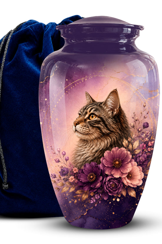 A purple urn-shaped vase with a lid, decorated with an illustration of a tabby cat surrounded by purple flowers, shown next to a dark blue velvet drawstring bag on a white background.