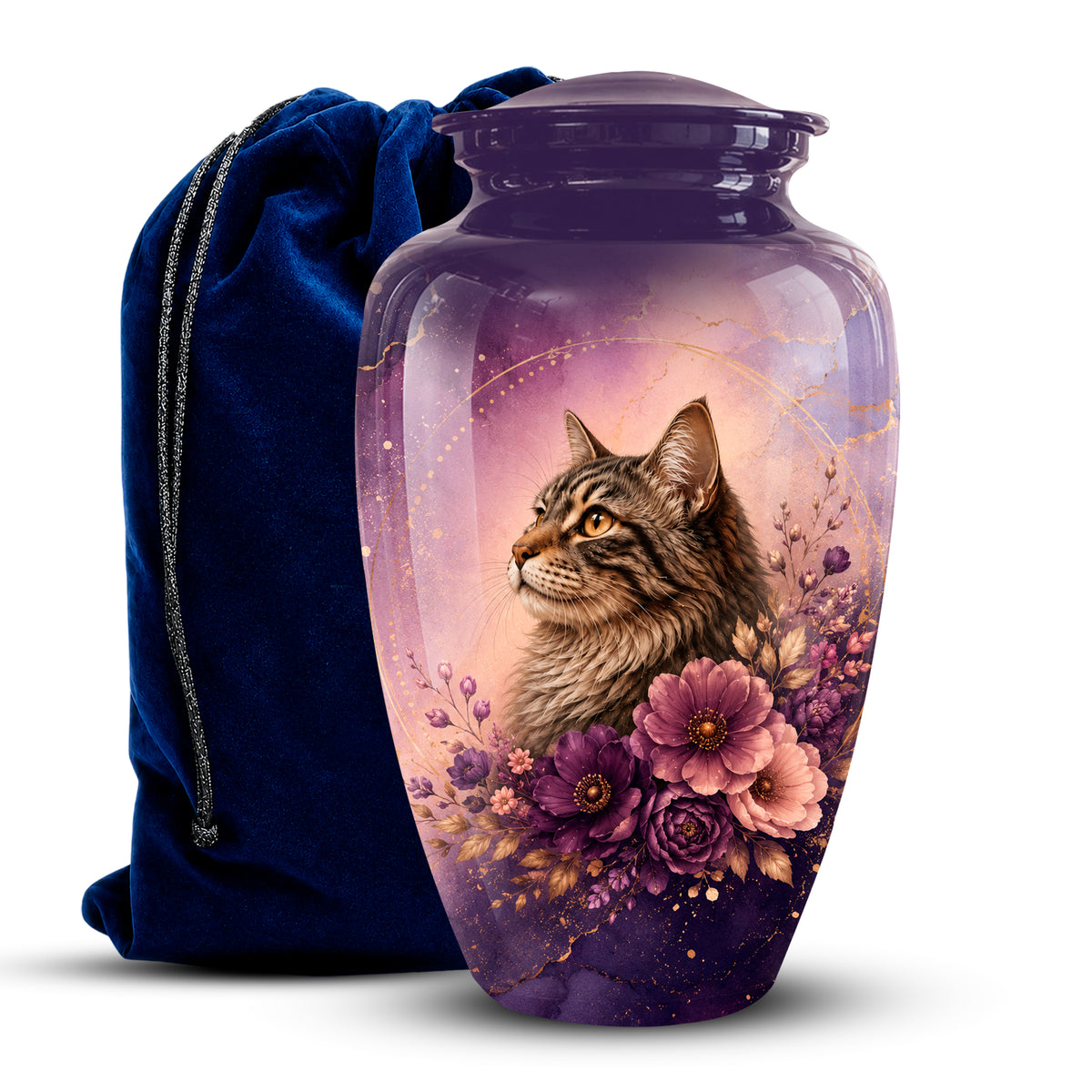A purple urn-shaped vase with a lid, decorated with an illustration of a tabby cat surrounded by purple flowers, shown next to a dark blue velvet drawstring bag on a white background.