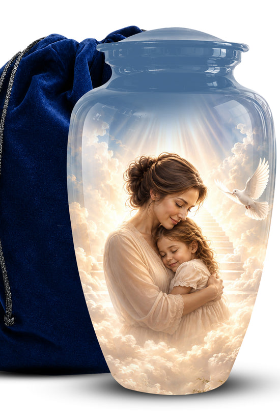 A clear glass cremation urn with a printed memorial scene of a woman and child under a dove, shown next to a dark blue velvet drawstring bag on a white background.