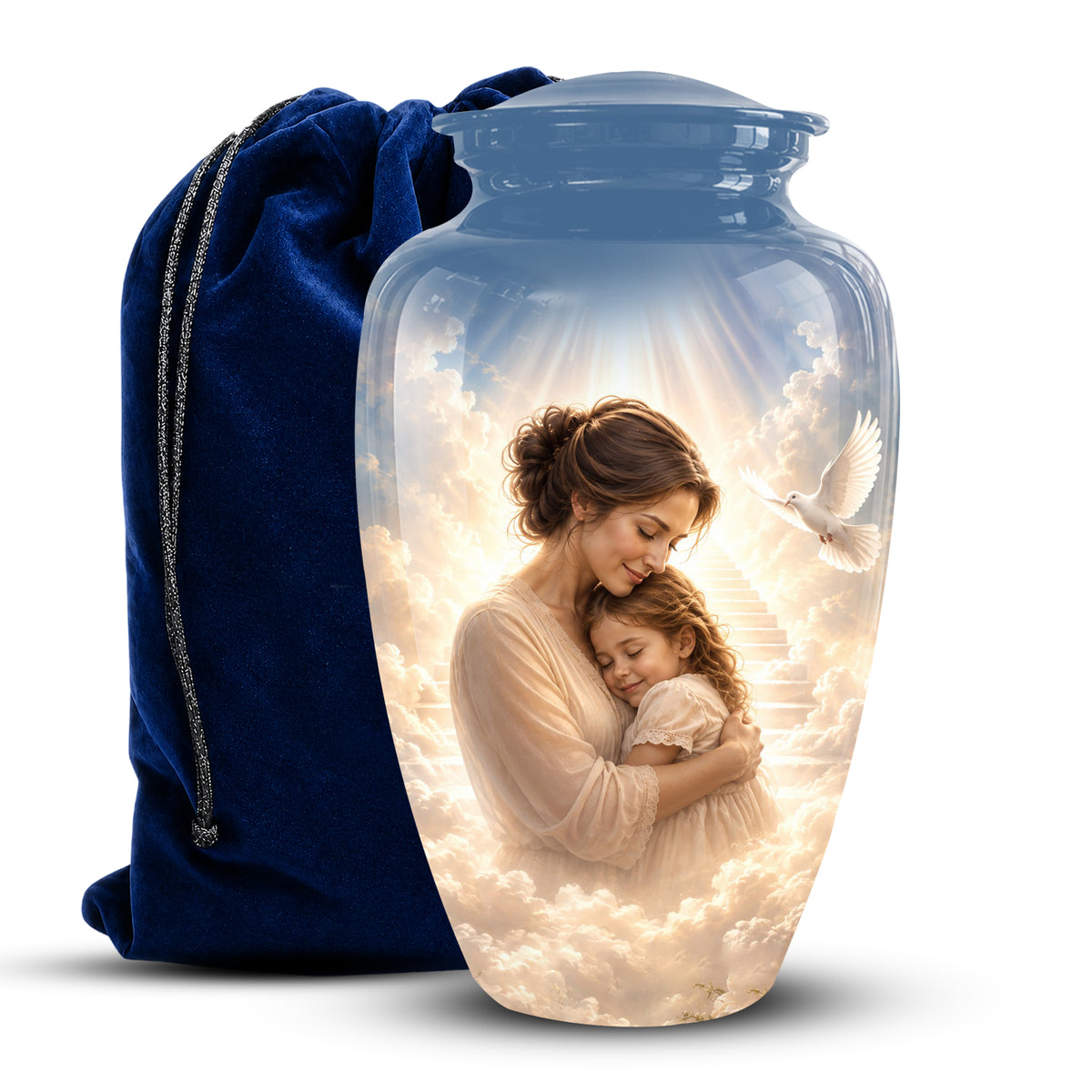 A clear glass cremation urn with a printed memorial scene of a woman and child under a dove, shown next to a dark blue velvet drawstring bag on a white background.