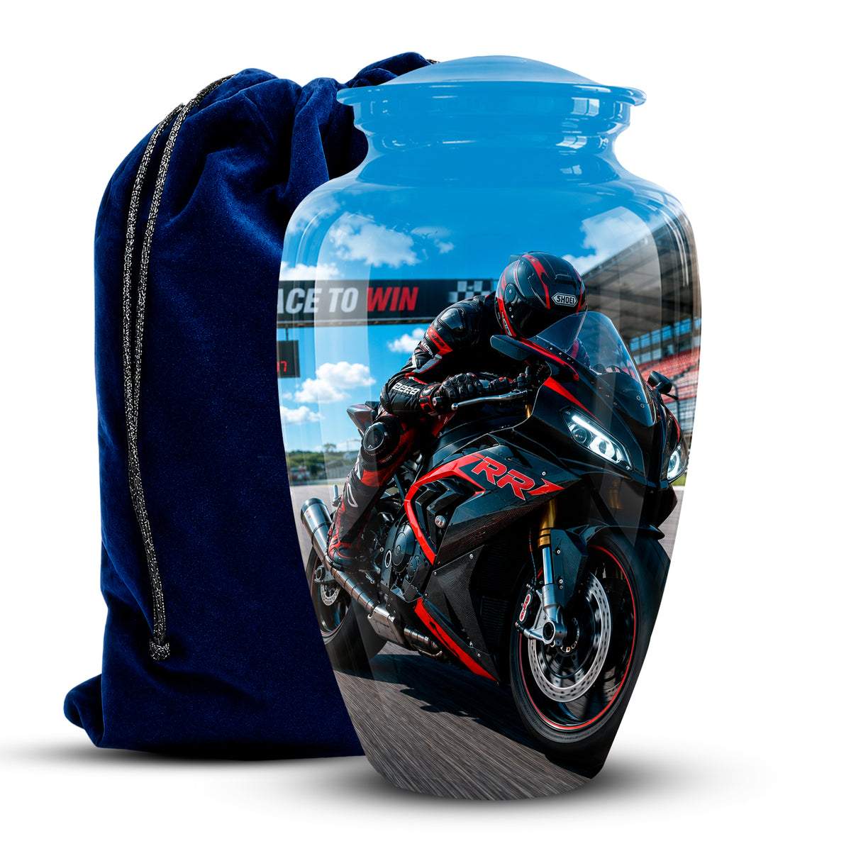 A glossy blue glass urn featuring a printed graphic of a black and red sports motorcycle racer, shown next to a dark blue velvet drawstring pouch on a white background.