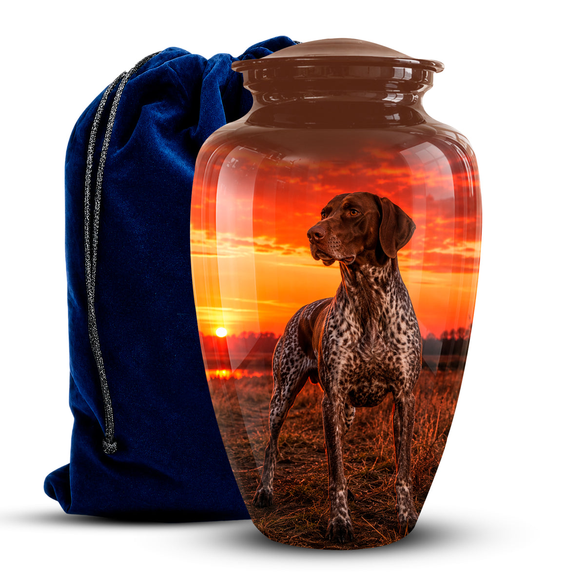 A glossy brown urn-shaped vase or keepsake jar with a lid, printed with a dog portrait over a sunset landscape. A dark blue velvet drawstring bag sits behind it on a white background.