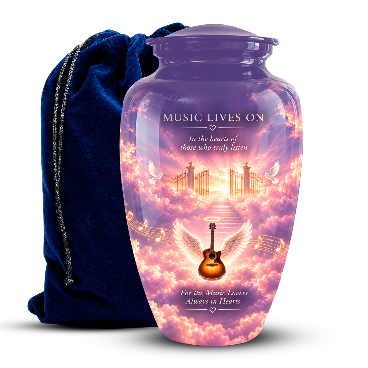 A purple glass cremation urn with a colorful sky and angel guitar design, shown next to a dark blue velvet drawstring bag on a white background.