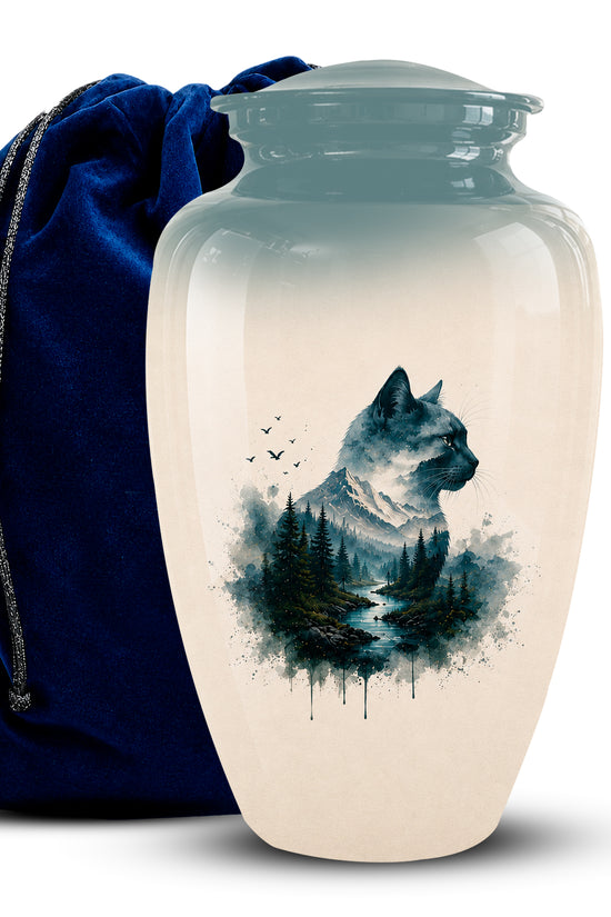 A glossy ceramic cremation urn with a lid, featuring a printed design of a cat over a forest landscape in dark blue and black tones on a cream background. A dark blue velvet drawstring bag is positioned behind the urn against a plain white studio background.
