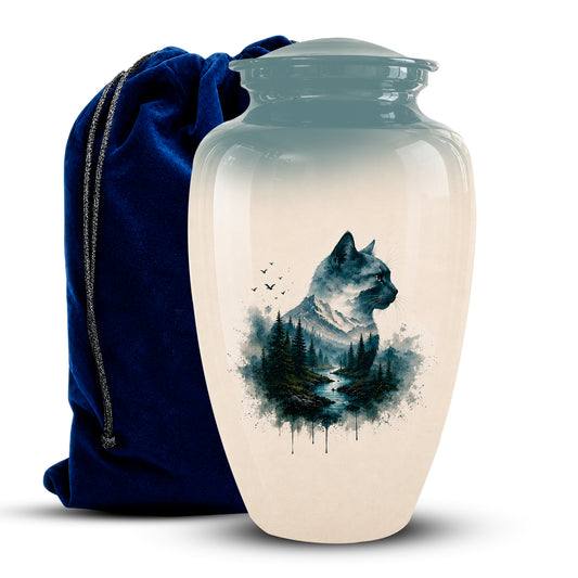 A glossy ceramic cremation urn with a lid, featuring a printed design of a cat over a forest landscape in dark blue and black tones on a cream background. A dark blue velvet drawstring bag is positioned behind the urn against a plain white studio background.