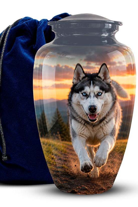 A clear glass cremation urn with a printed photo of a husky running outdoors at sunset, shown next to a dark blue velvet drawstring bag on a white background.