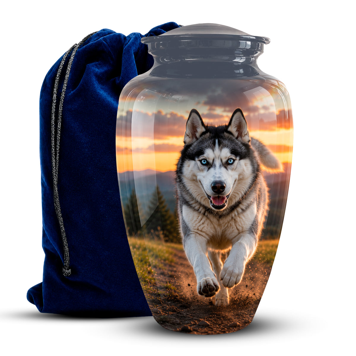 A clear glass cremation urn with a printed photo of a husky running outdoors at sunset, shown next to a dark blue velvet drawstring bag on a white background.