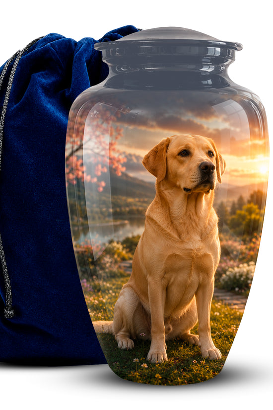 A clear glass pet memorial urn with a lid, printed with a golden retriever sitting in a field at sunset, shown next to a dark blue velvet drawstring bag on a white background.