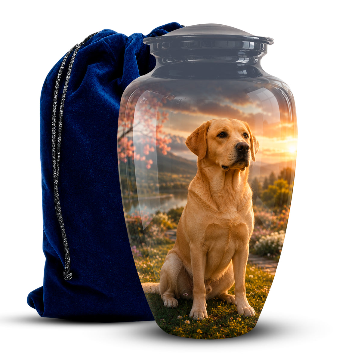 A clear glass pet memorial urn with a lid, printed with a golden retriever sitting in a field at sunset, shown next to a dark blue velvet drawstring bag on a white background.