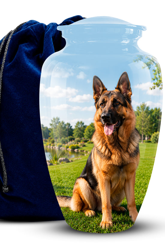 A clear glass pet urn featuring a printed photo of a German Shepherd sitting on green grass under a blue sky, shown next to a navy blue velvet drawstring bag on a white background.