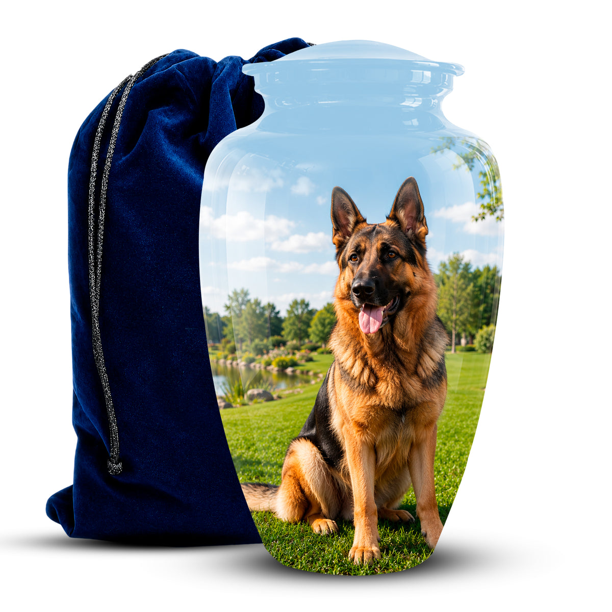 A clear glass pet urn featuring a printed photo of a German Shepherd sitting on green grass under a blue sky, shown next to a navy blue velvet drawstring bag on a white background.