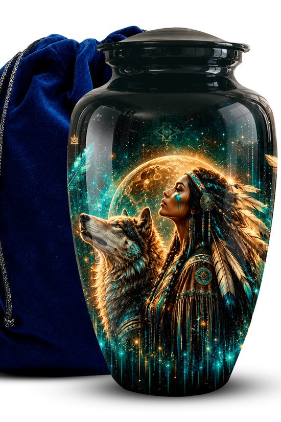 A glossy black urn-shaped vase or keepsake jar with a lid, featuring a vivid printed design of a woman in a feathered headdress and a wolf in front of a glowing moon. A dark blue velvet drawstring bag sits behind it on a white background.