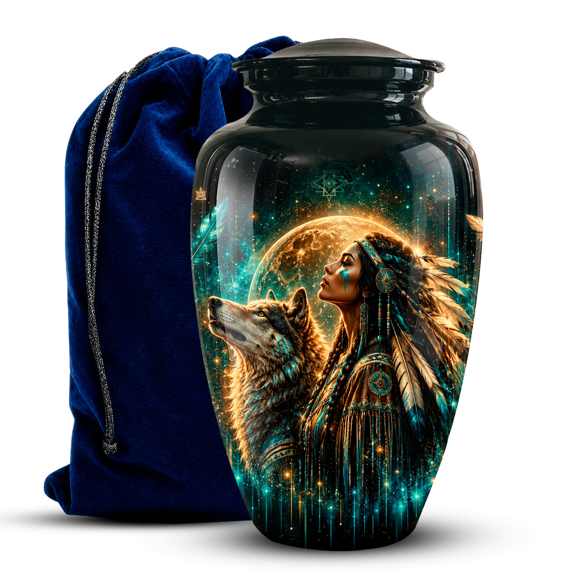 A glossy black urn-shaped vase or keepsake jar with a lid, featuring a vivid printed design of a woman in a feathered headdress and a wolf in front of a glowing moon. A dark blue velvet drawstring bag sits behind it on a white background.