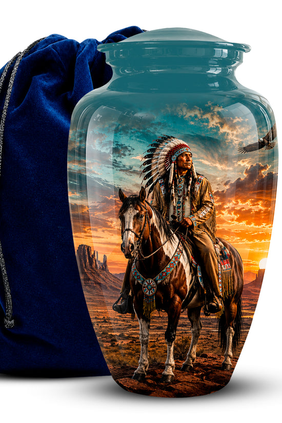 A glossy teal-blue urn-shaped vase or keepsake jar with a printed scenic illustration of a Native American rider on a horse at sunset, shown in front of a dark blue velvet drawstring bag on a white background.