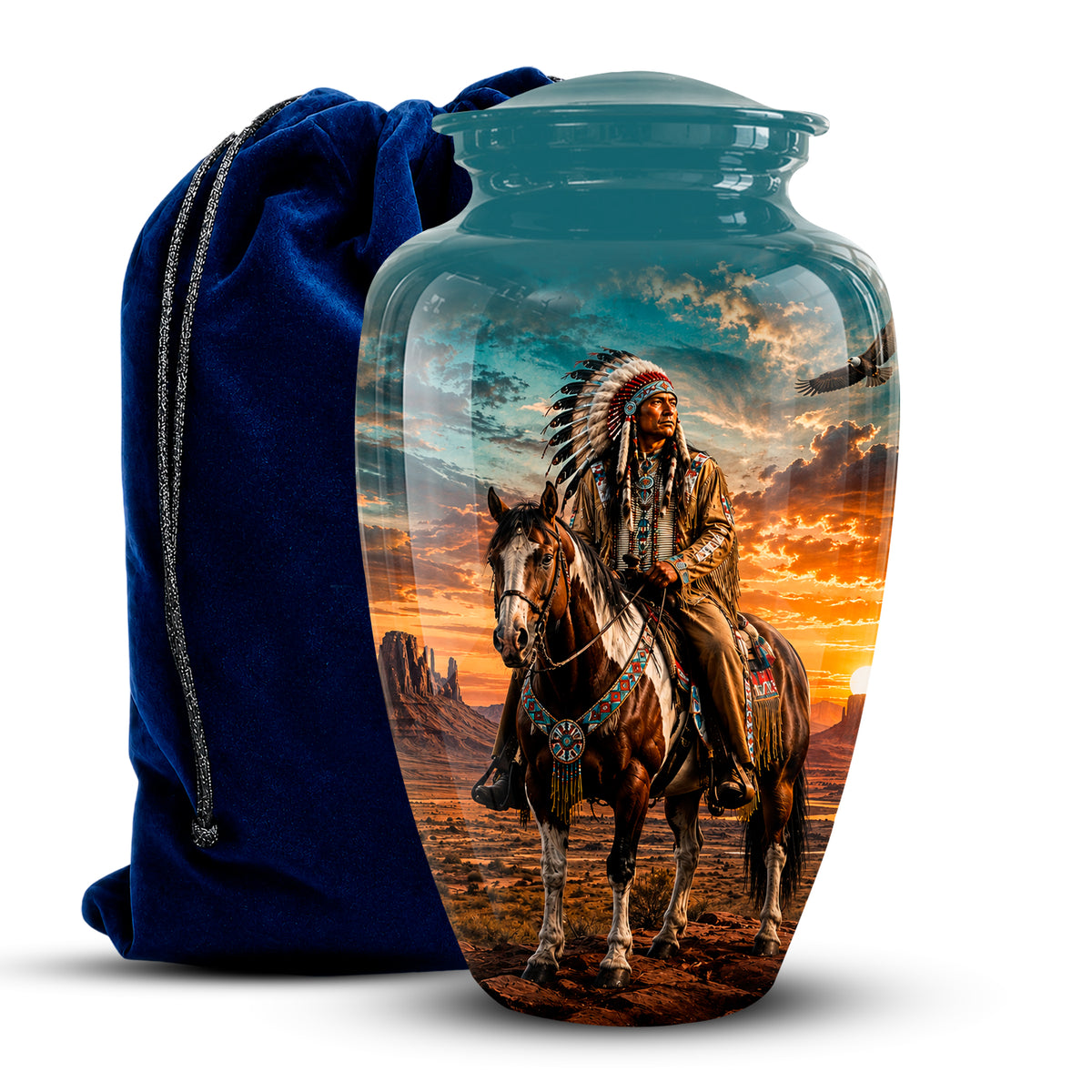 A glossy teal-blue urn-shaped vase or keepsake jar with a printed scenic illustration of a Native American rider on a horse at sunset, shown in front of a dark blue velvet drawstring bag on a white background.