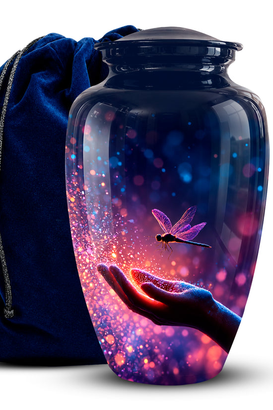 A glossy black ceramic cremation urn with a colorful printed design of a dragonfly hovering over a hand filled with glowing sparkles, shown next to a dark blue velvet drawstring bag on a white background.