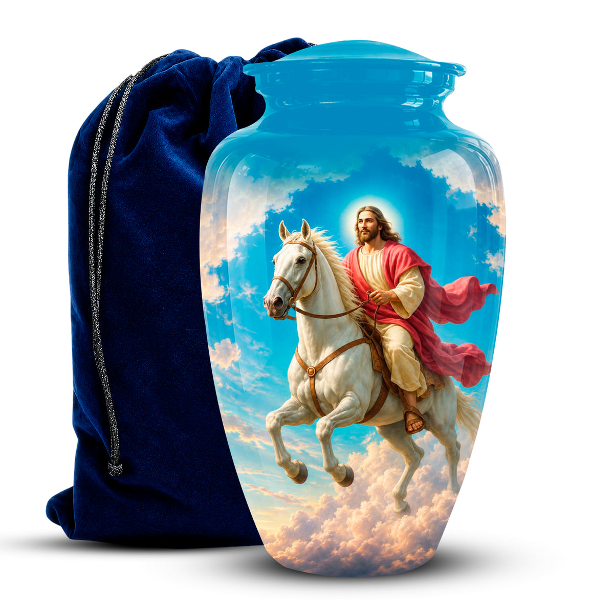 A glossy glass urn-shaped vase featuring a printed illustration of Jesus riding a white horse through clouds, shown next to a dark blue velvet drawstring bag on a white background.