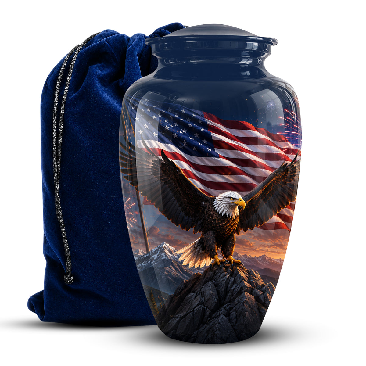 A glossy glass urn with a lid, printed with a bald eagle perched on a mountain peak in front of a waving American flag, shown next to a dark blue velvet drawstring bag on a white background.