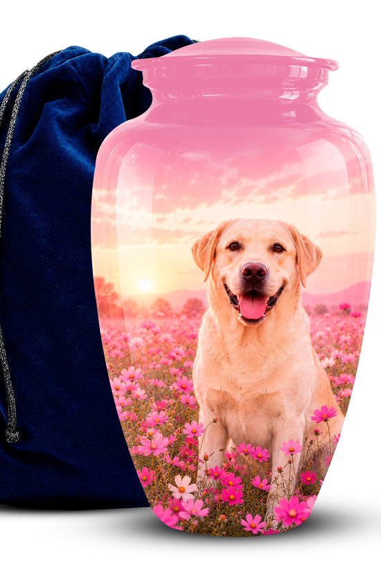 A pink glass pet memorial urn with a custom printed photo of a yellow Labrador retriever sitting in a field of pink flowers at sunset, shown next to a dark blue velvet drawstring bag on a white background.