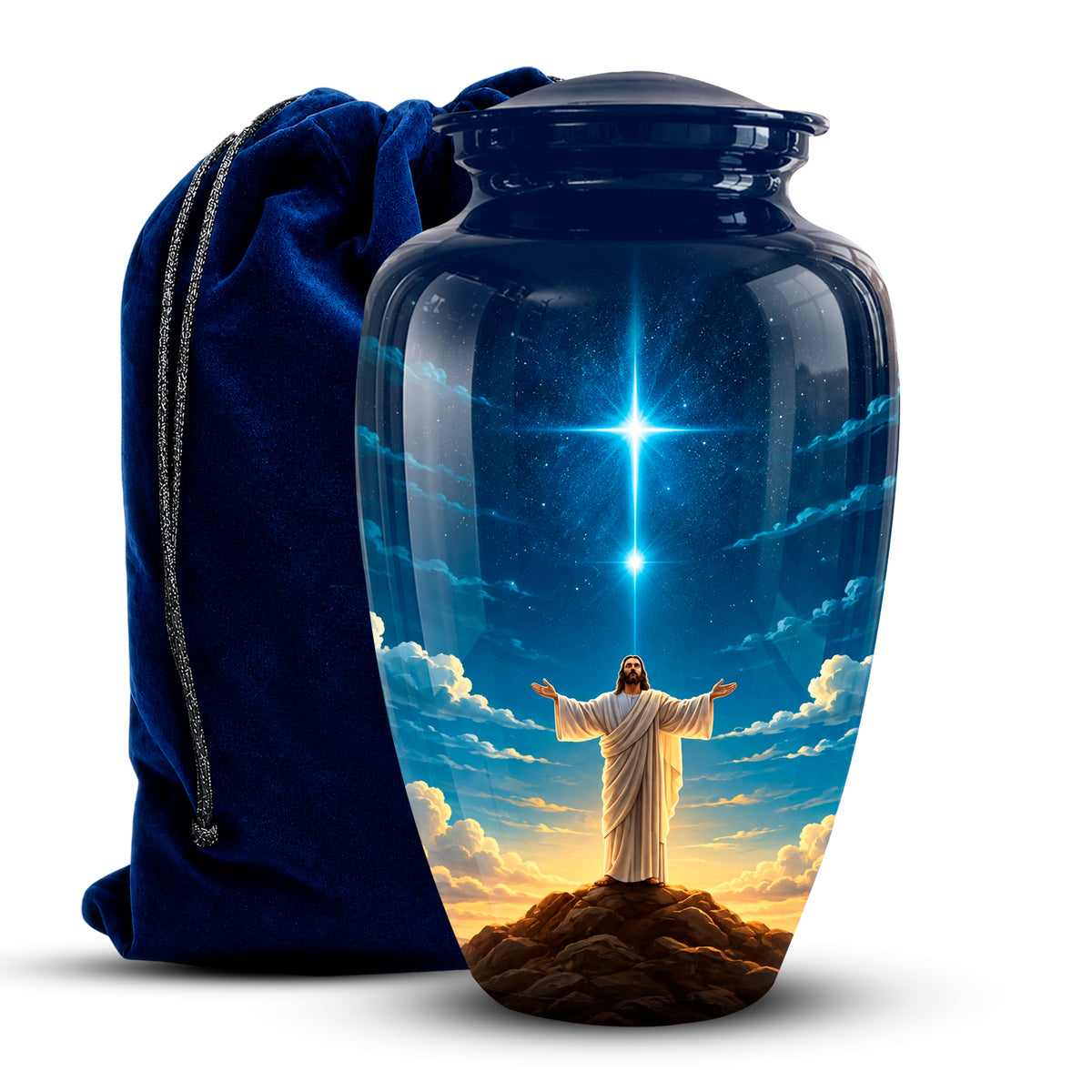 A glossy dark blue glass-style urn with a lid, printed with a religious scene of Jesus standing on a hill under a starry sky, next to a dark blue velvet drawstring bag on a white background.