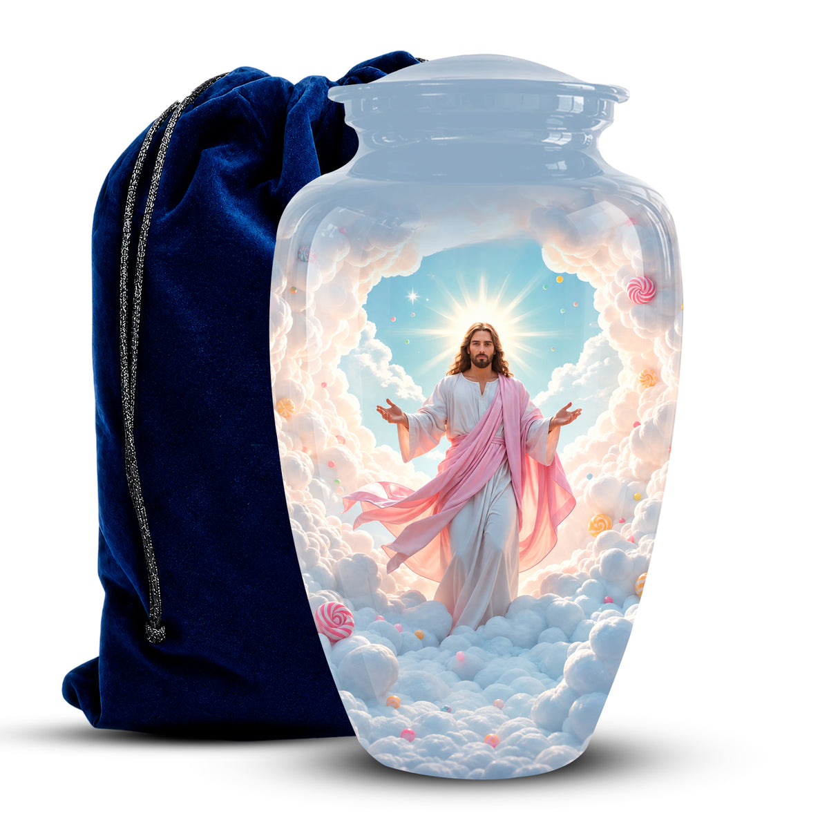 A clear glass cremation urn with a lid, featuring a printed image of Jesus standing in clouds with a radiant halo. A dark blue velvet drawstring bag is positioned behind the urn on a white background.