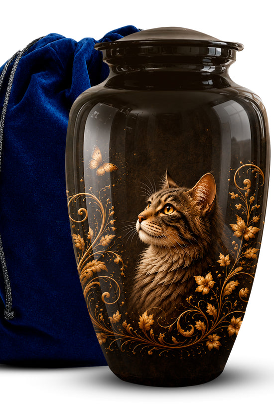 A glossy black pet urn featuring a detailed illustration of a brown tabby cat surrounded by gold floral scrollwork, shown next to a royal blue velvet drawstring bag on a white background.