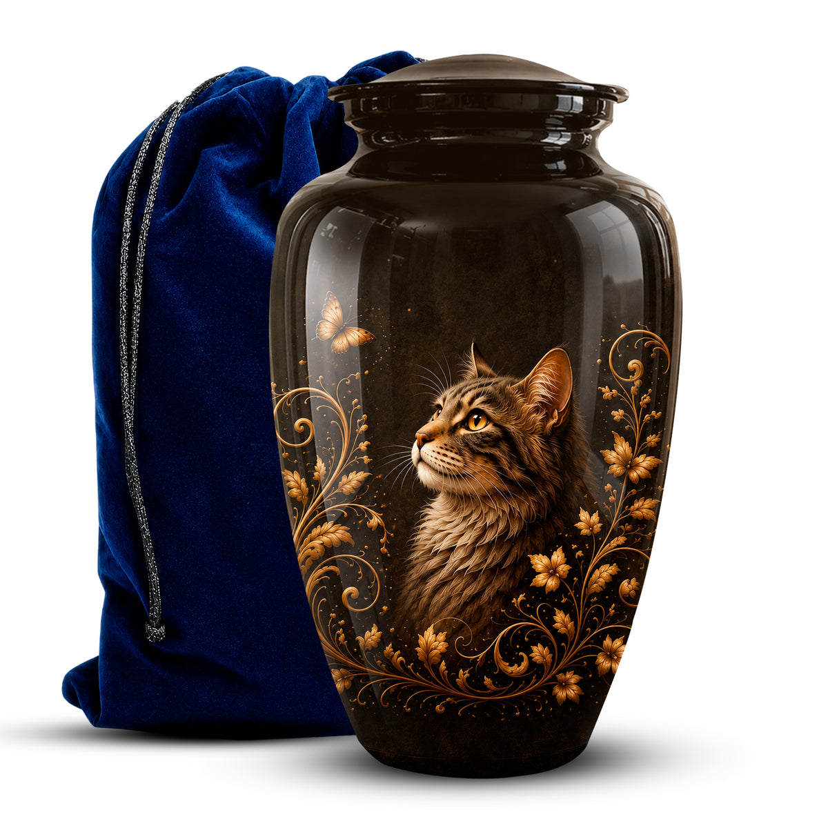 A glossy black pet urn featuring a detailed illustration of a brown tabby cat surrounded by gold floral scrollwork, shown next to a royal blue velvet drawstring bag on a white background.