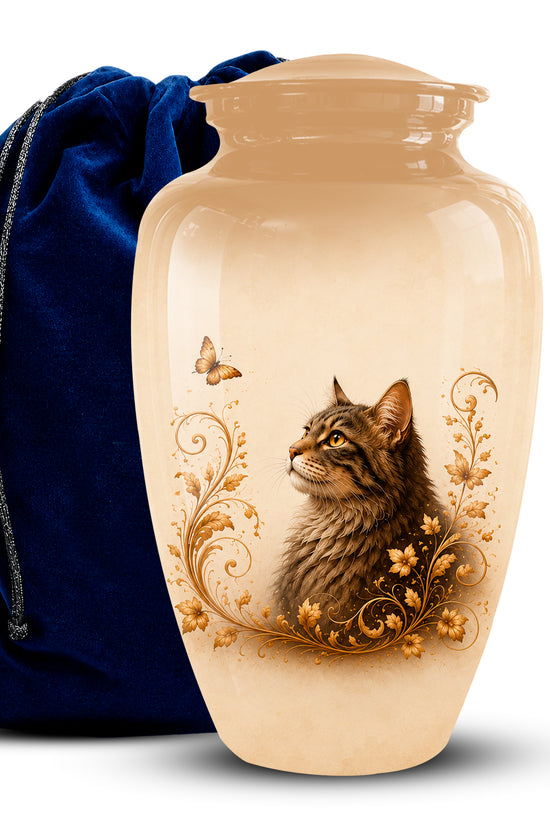 A beige ceramic pet urn featuring a detailed illustration of a brown tabby cat with gold floral scrollwork and a butterfly, shown next to a dark blue velvet drawstring bag on a white background.