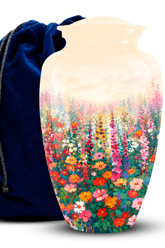 A glossy ceramic cremation urn vase featuring a colorful wildflower meadow print, shown next to a dark blue velvet drawstring bag on a white background.