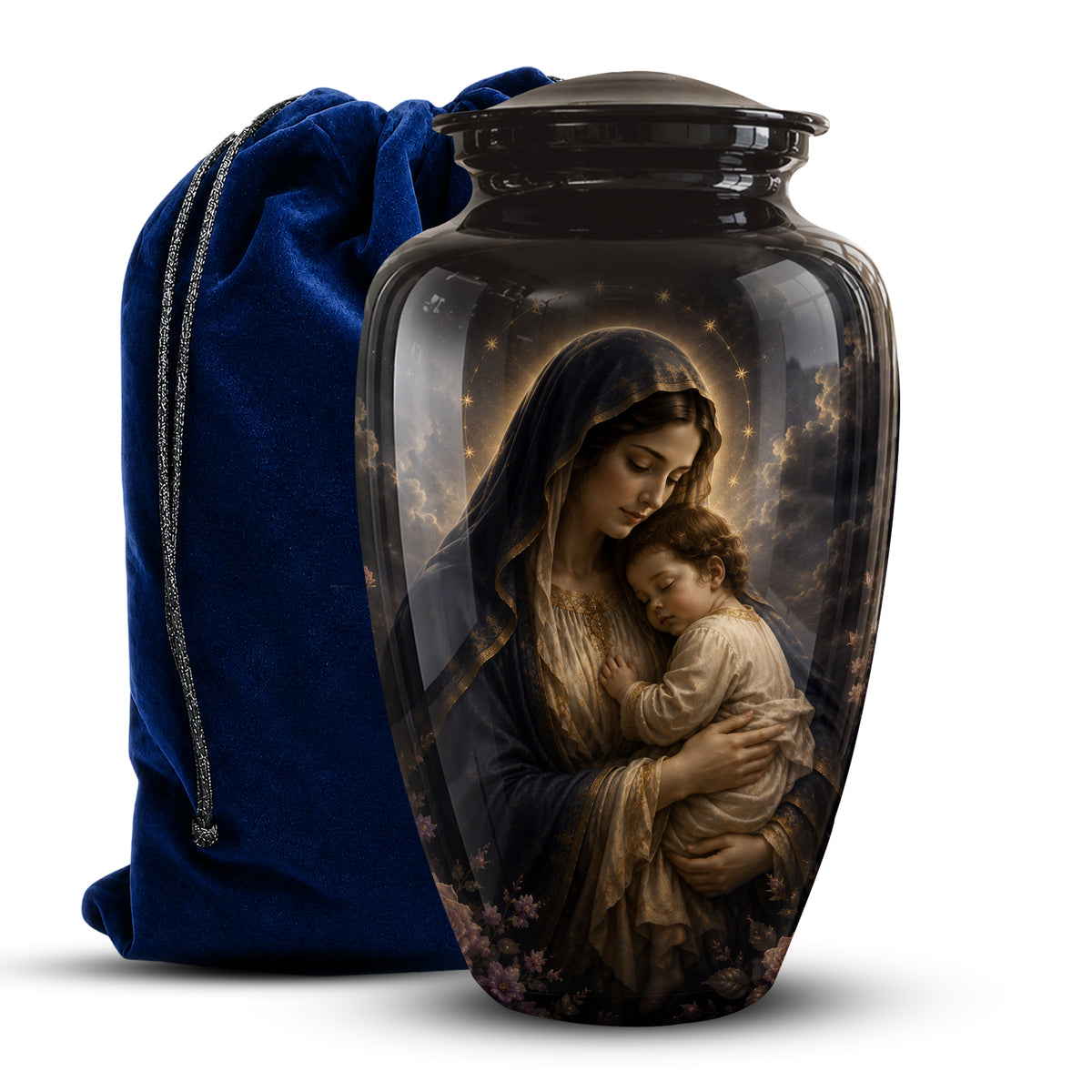 A glossy black cremation urn featuring a printed religious illustration of the Virgin Mary holding a child, shown next to a royal blue velvet drawstring bag on a white background.