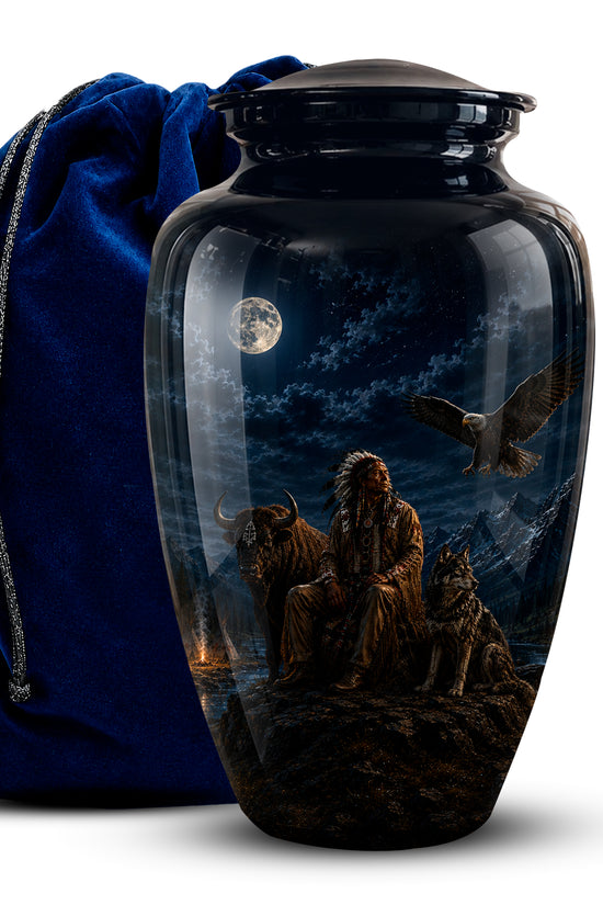 A glossy black cremation urn with a detailed fantasy illustration of a warrior sitting with a bison and dog under a full moon, shown next to a royal blue velvet drawstring bag on a white background.